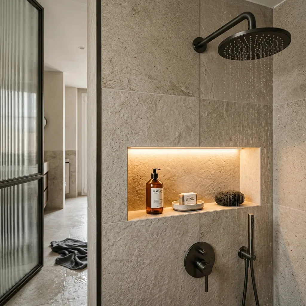 Detalle de hornacina iluminada con LED integrado, grifería empotrada negra mate y revestimiento porcelánico