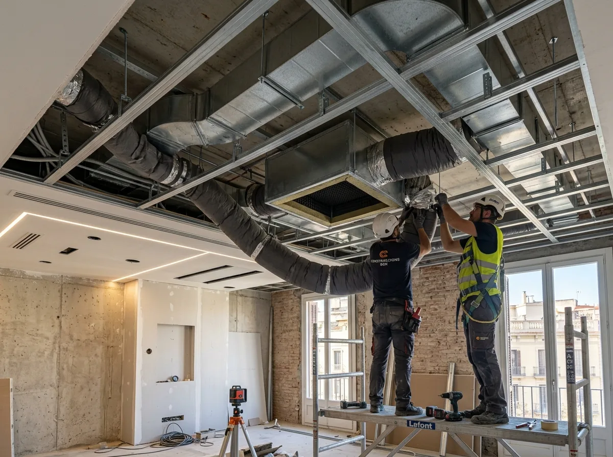 Instalación de conductos rectangulares de climatización con aislamiento térmico en falso techo