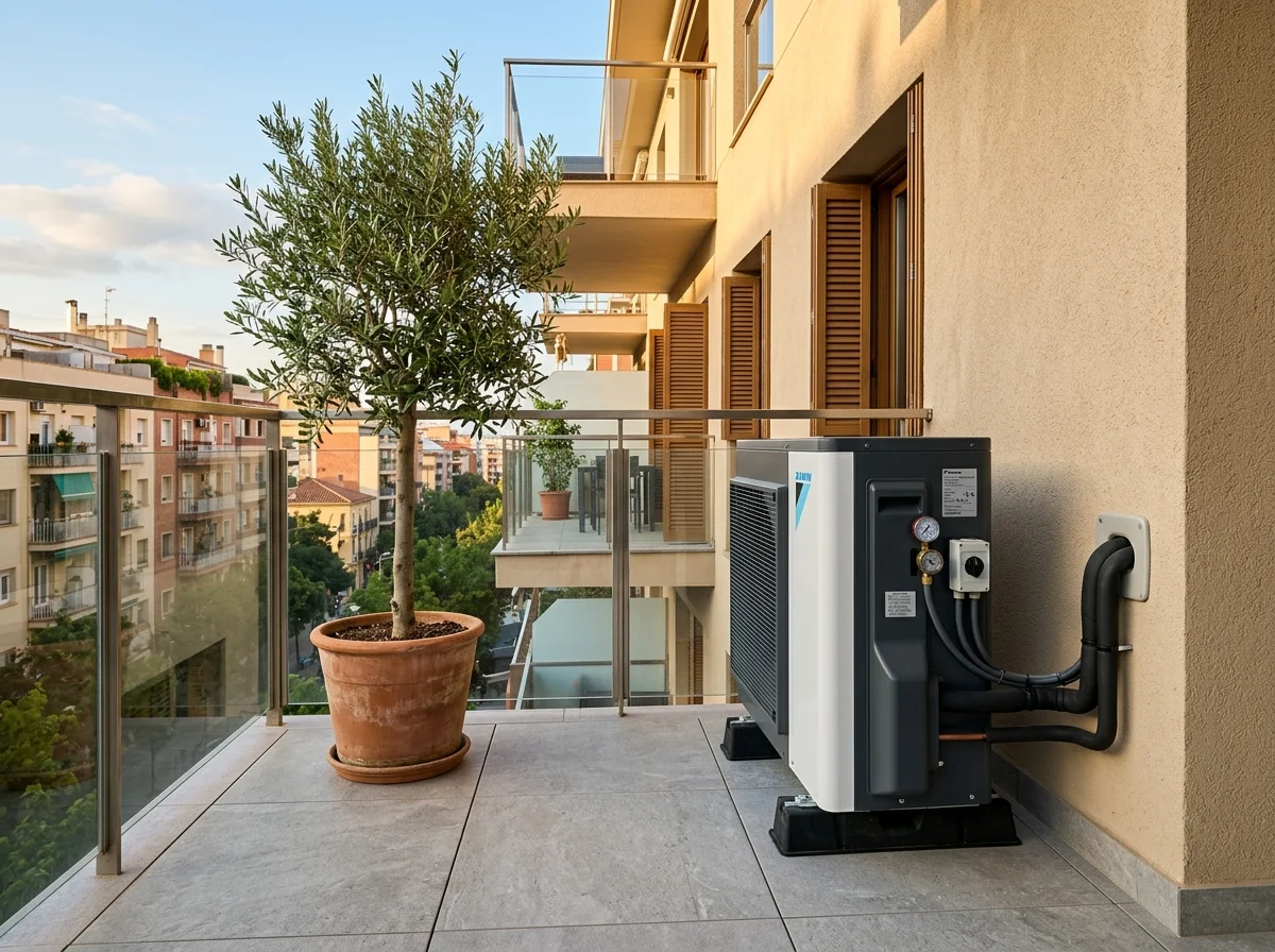 Unidad exterior compacta aerotérmica en terraza de ático con instalación de tuberías de cobre