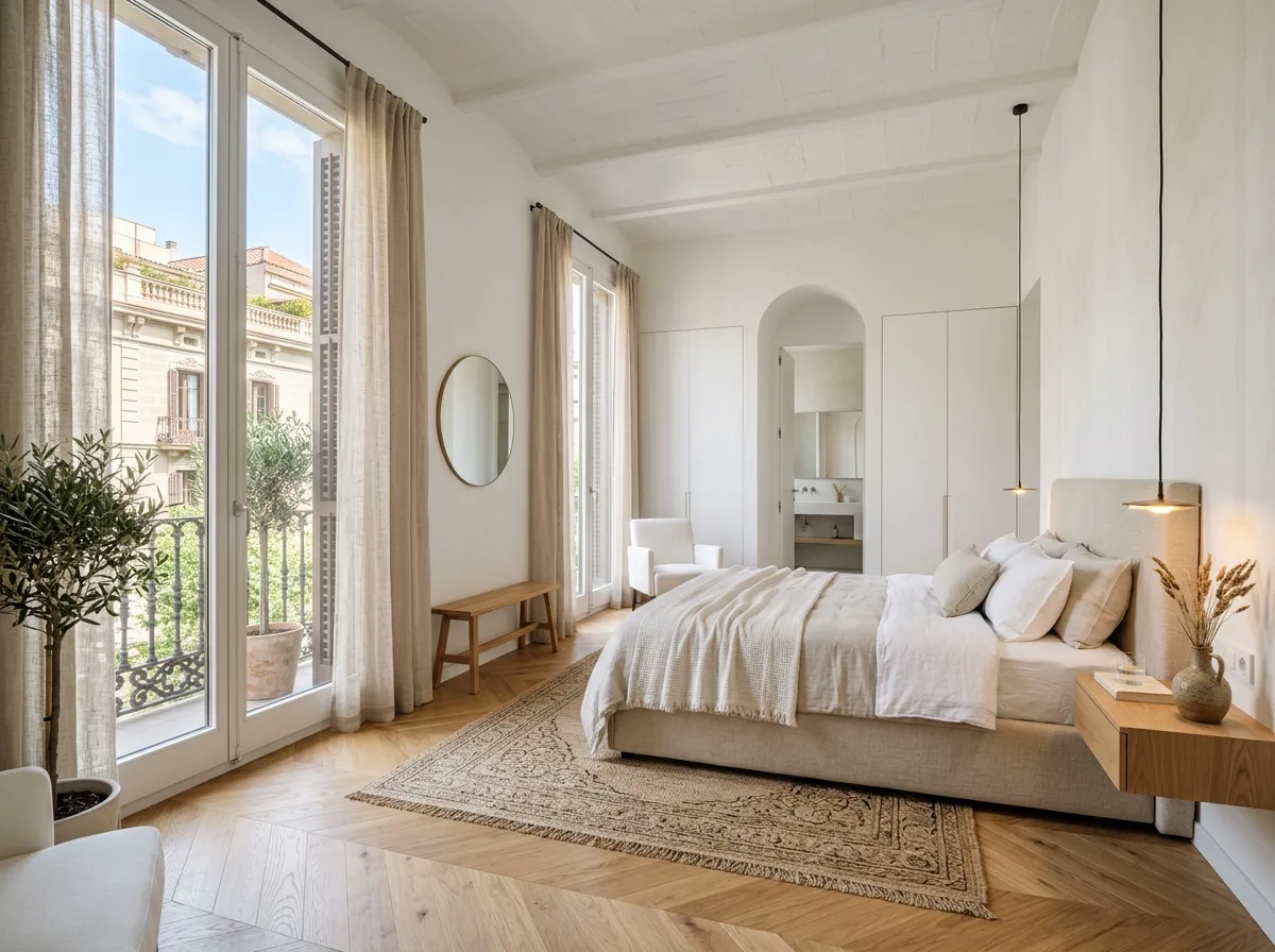 Reforma integral de dormitorio principal en suite en piso de Barcelona con suelo de roble y luz natural