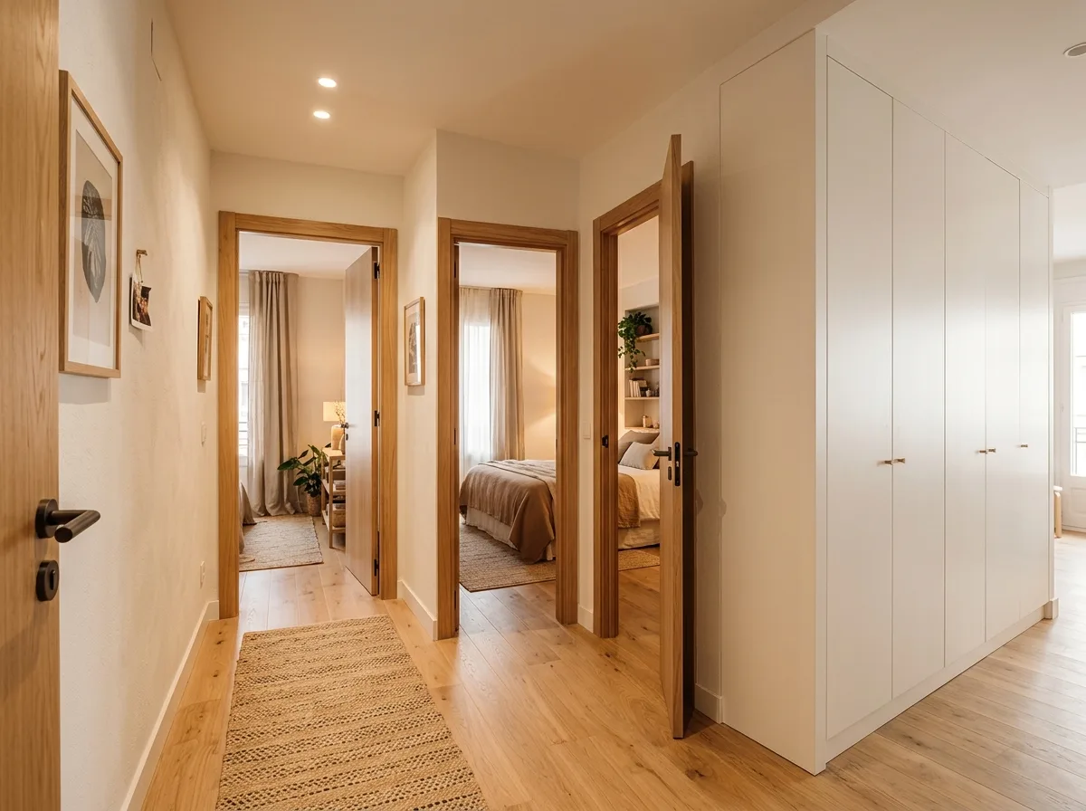 Tres dormitorios reformados en Gràcia con puertas de roble unificadas y armarios empotrados lacados