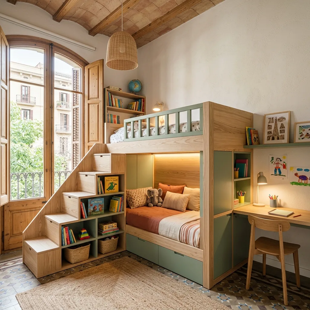 Habitación infantil con literas a medida, escritorio empotrado y almacenaje integrado en Les Corts