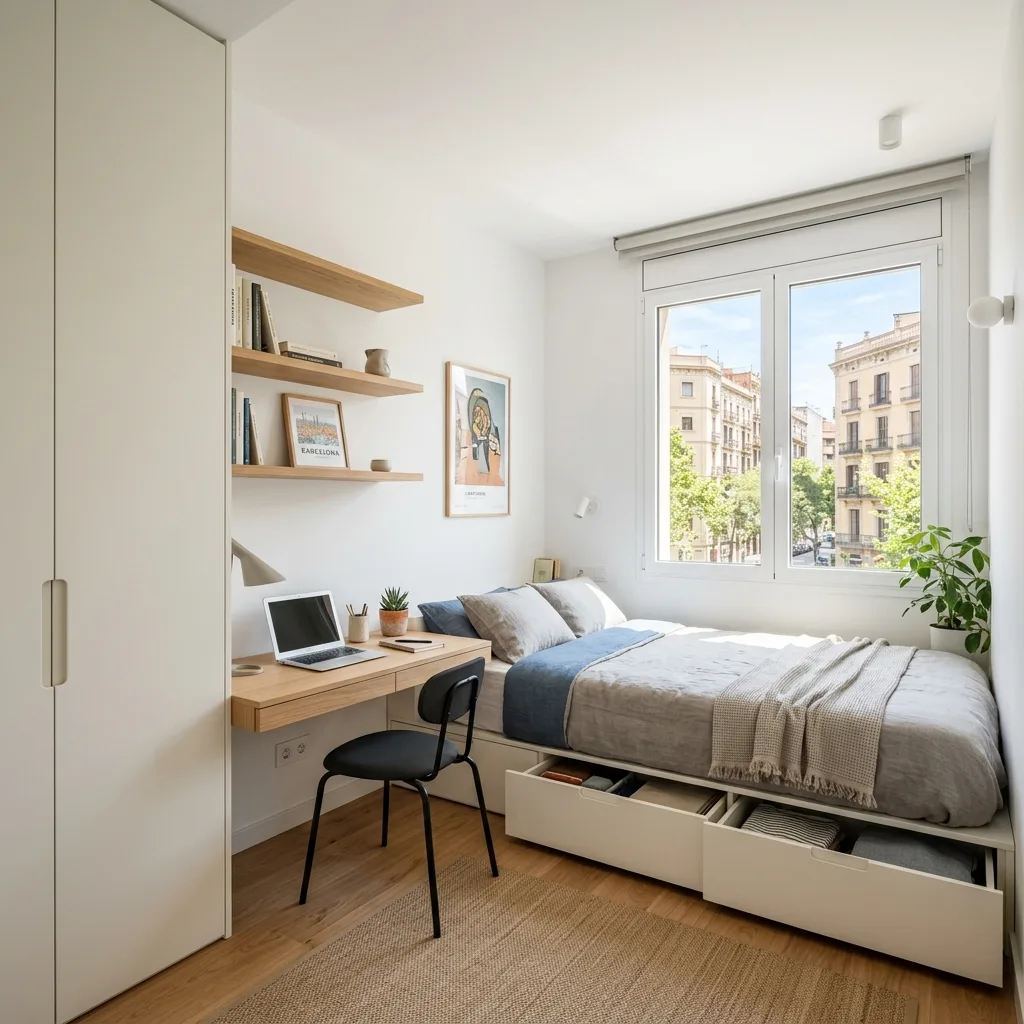 Habitación juvenil reformada en Poblenou con escritorio flotante bajo ventana y cama con cajonera