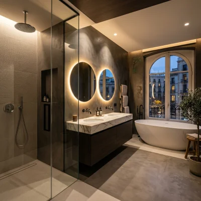 Baño suite con plato de ducha a ras de suelo, microcemento y bañera exenta en reforma integral en Barcelona
