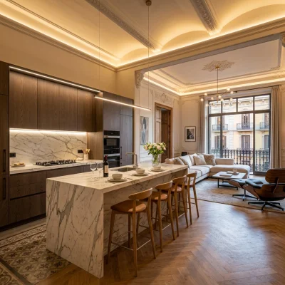 Cocina abierta al salón con isla central de mármol calacatta e iluminación lineal en piso del Eixample