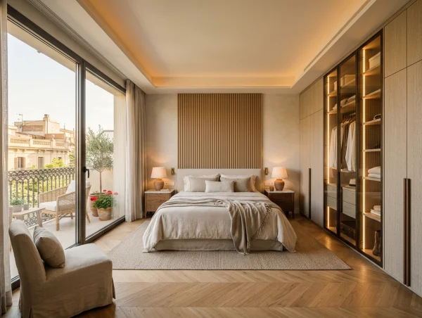Dormitorio principal con vestidor a medida e iluminación LED integrada en piso reformado de Barcelona
