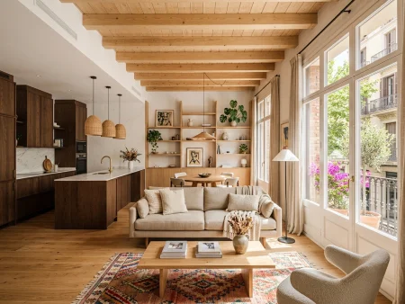 Reforma integral completa de vivienda familiar en Gràcia con vigas de madera y cocina en isla