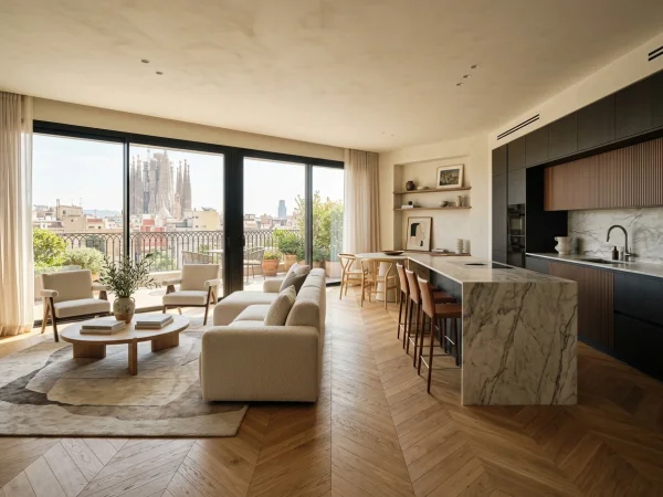 Reforma integral completa en Barcelona: salón de concepto abierto con cocina de diseño y parquet en espiga