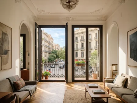 Puertas dobles acristaladas estilo francés lacadas en blanco entre salón y comedor en Sant Gervasi