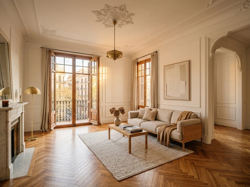 Parquet de roble macizo colocado en espiga Chevron francesa en salón señorial del Eixample