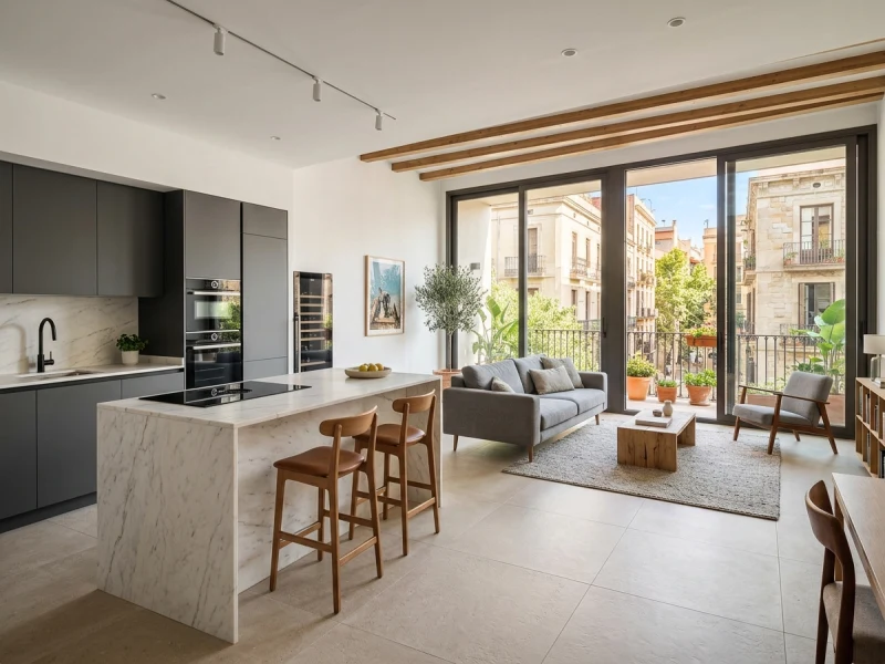 Pavimento de gres porcelánico rectificado 120x120 efecto caliza en piso diáfano de Gràcia