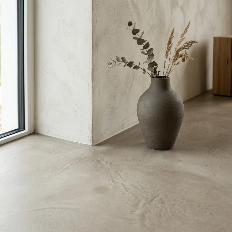 Pavimento continuo de microcemento decorativo sin juntas en piso contemporáneo de Barcelona
