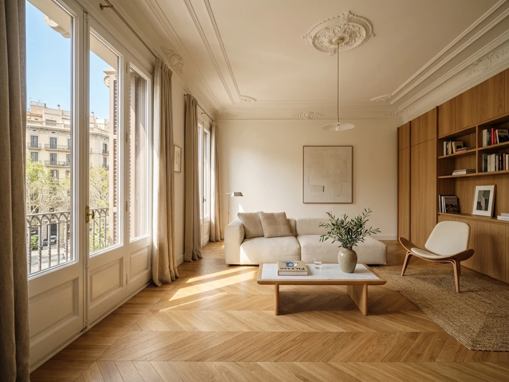 Instalación de parquet en espiga de roble francés natural en salón señorial de Barcelona