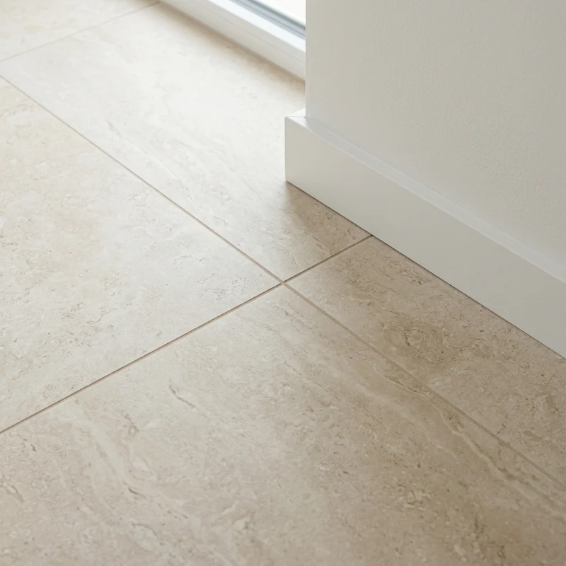 Detalle de suelo porcelánico rectificado gran formato 120x120 con junta milimétrica en Barcelona