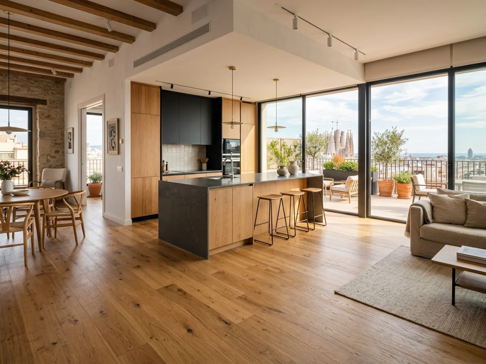 Tarima multicapa hidrófuga instalada sobre suelo radiante en piso moderno de Barcelona