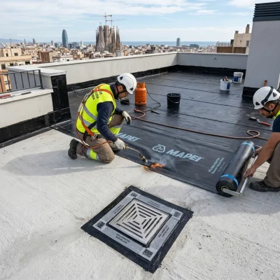 Impermeabilización técnica de terraza con lámina asfáltica y sumidero sifónico en azotea de Barcelona
