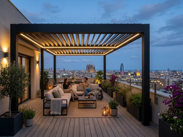 Pérgola bioclimática de lamas orientables con iluminación LED en terraza de ático en Barcelona