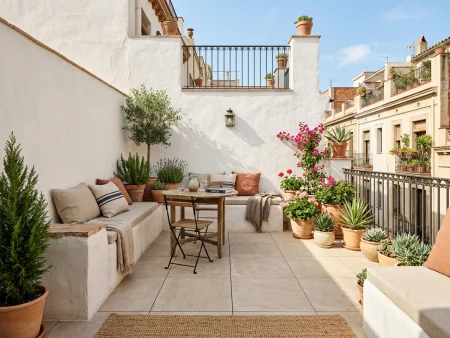 Pavimento de gres porcelánico antideslizante y banco de obra con cojines en terraza de Gràcia