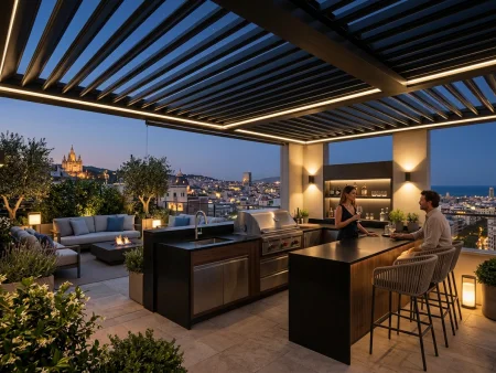 Ático con pérgola bioclimática motorizada y cocina exterior con barbacoa en Sarrià