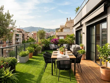 Terraza con césped artificial premium combinado con lamas de teca y mesa de comedor en Les Corts