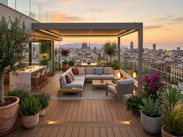 Reforma de ático con terraza de diseño, tarima exterior cálida y vistas panorámicas de Barcelona