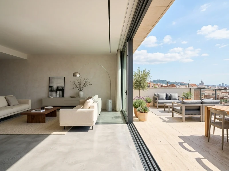 Gran corredera elevable de aluminio con rotura de puente térmico abierta hacia terraza en Sarrià
