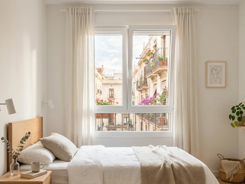 Ventanas oscilobatientes de PVC blanco con microventilación en dormitorio de Gràcia