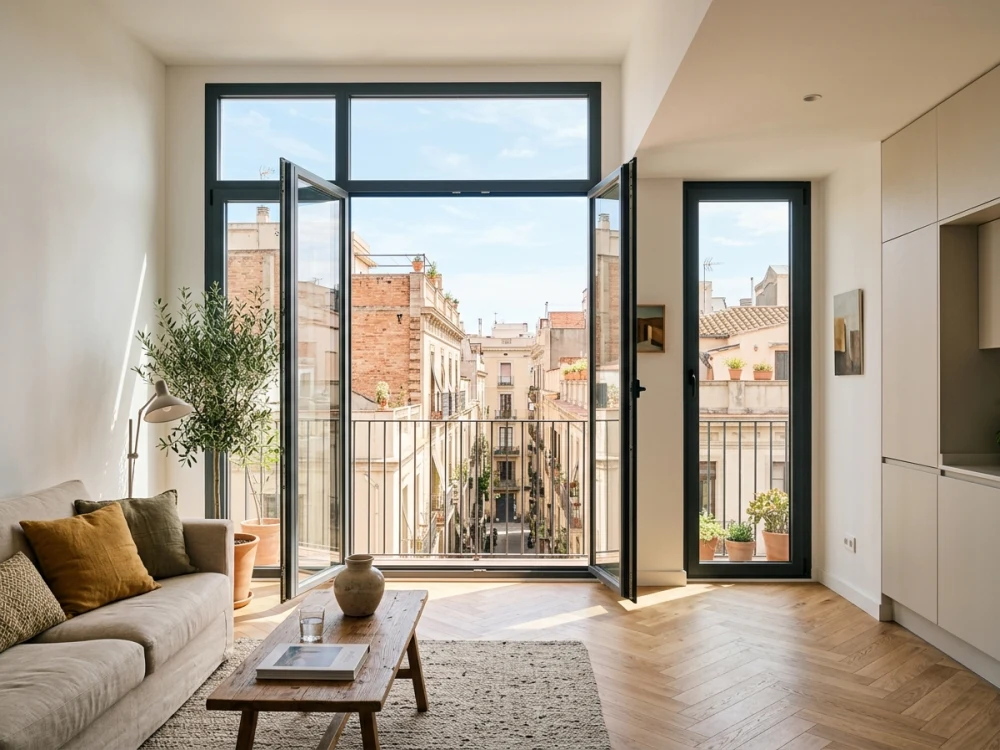 Balconeras modernas de PVC antracita con rotura de puente térmico y doble cristal en Barcelona