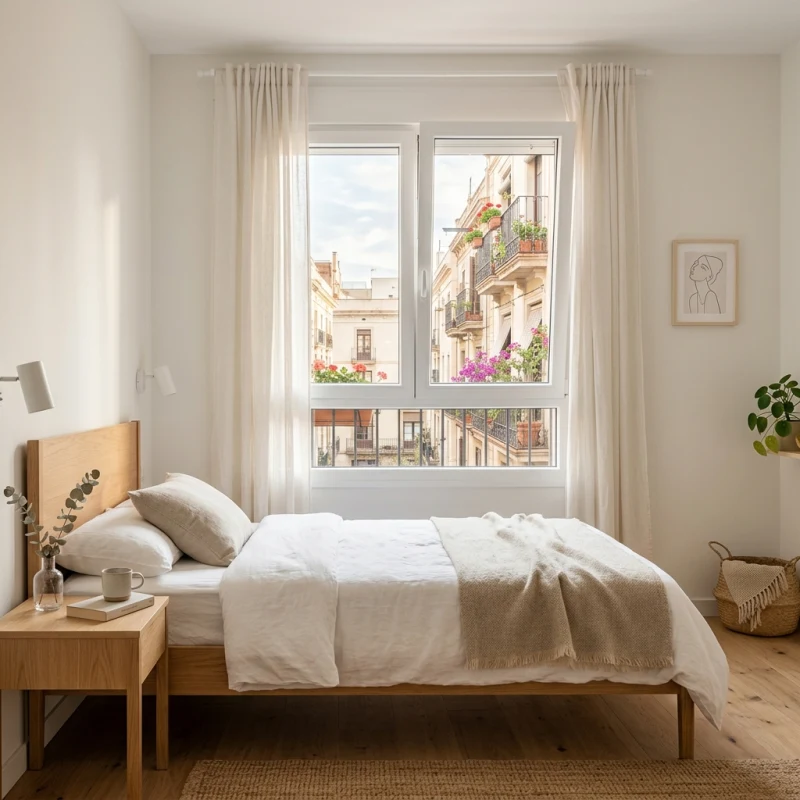 Ventana oscilobatiente blanca de PVC con aislamiento acústico en dormitorio de Barcelona